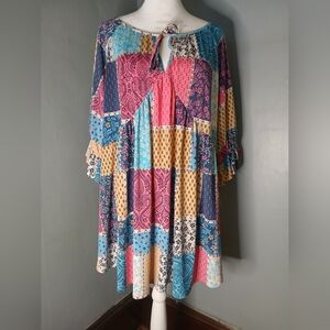 Honeyme Curvy Boho Patchwork Tunic Top – Pink Blue Cream – Size 3X